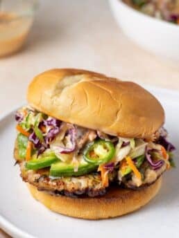 sweet chili chicken burger with sesame slaw and bang bang sauce