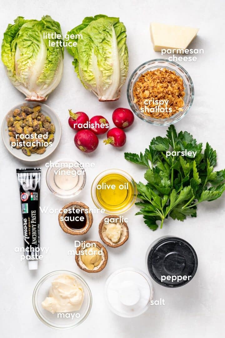 labeled ingredients for little gem salad recipe including little gem lettuce, parmesan, crispy shallots, radishes, pistachios, and Caesar vinaigrette ingredients