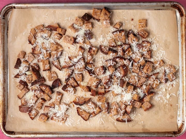 Sourdough croutons topped with freshly grated parmesan before finishing in the oven
