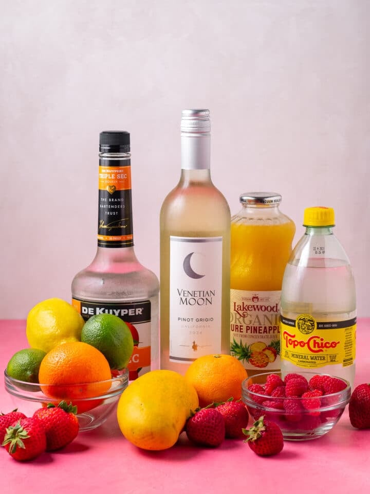 picture of the ingredients needed to make springtime white wine sangria