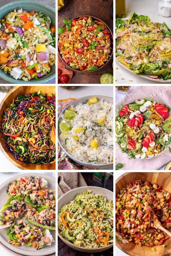 Collage of BBQ chicken side dishes including salads, coconut rice, noodle salad, and cowboy caviar