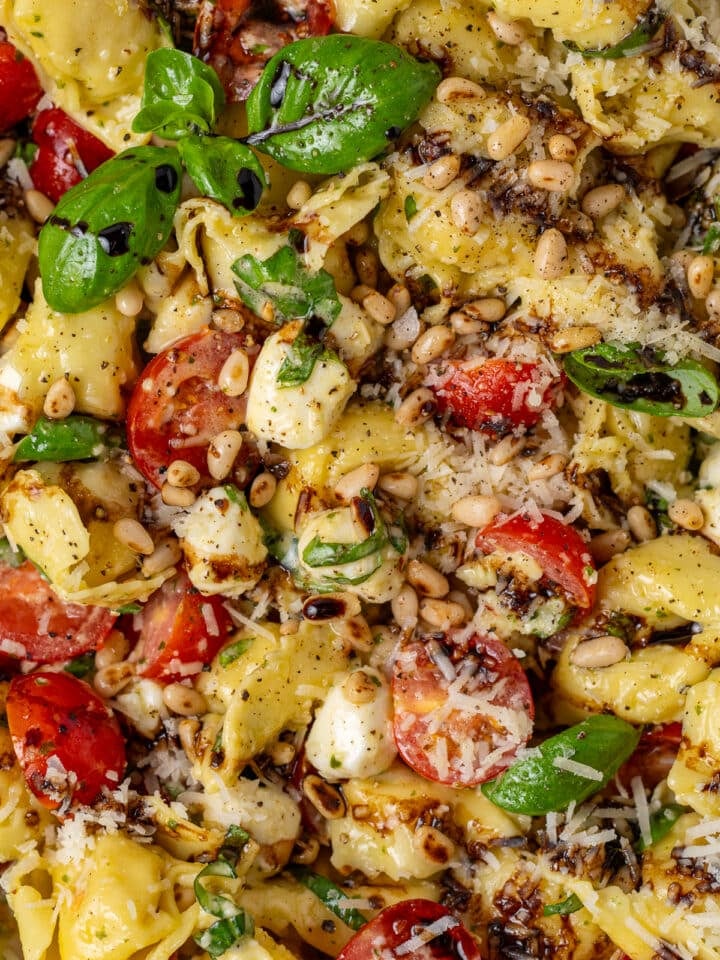 close up view of tortellini caprese salad