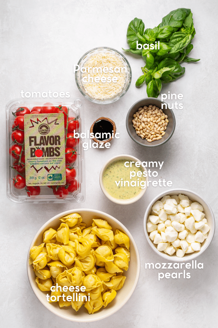 picture of the ingredients needed to make caprese tortellini salad