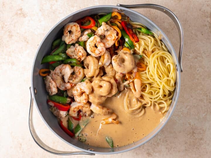 Shrimp, vegetables, spaghetti, and creamy peanut sauce