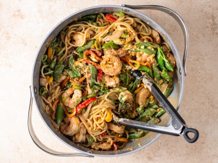 Finished peanut noodles with shrimp tossed with vegetables, green onions, and peanuts