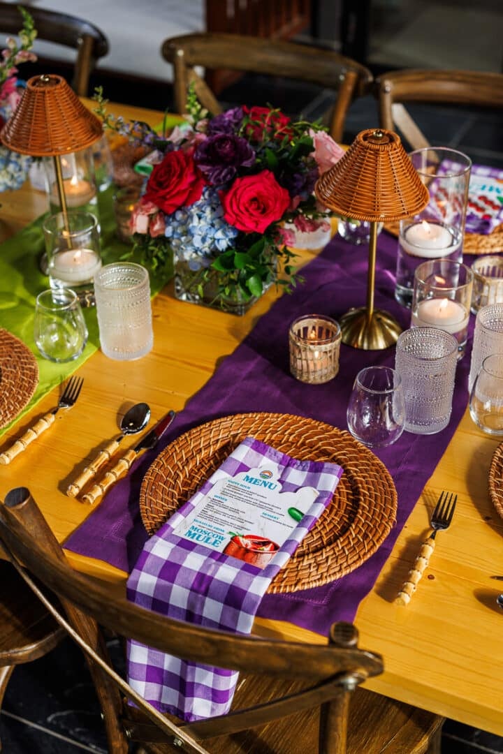 tablescape including the menu for a Sunset produce dinner