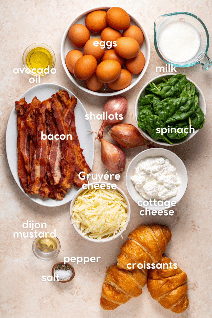picture of the ingredients needed to make high protein egg bake - spinach, shallots, bacon, eggs, cottage cheese, croissants, gruyere