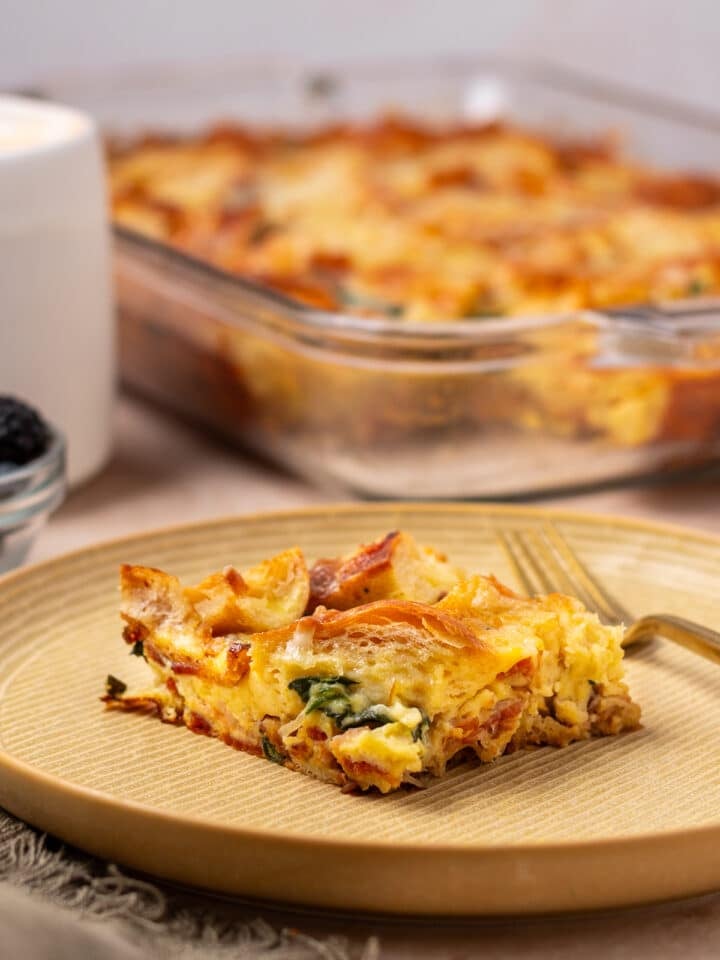 side view of a slice of high protein egg bake on a plate