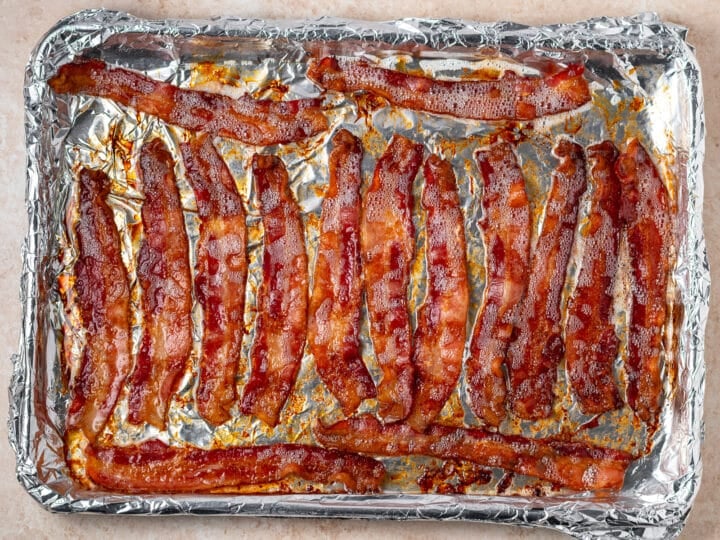 sheet pan lined with foil with baked bacon