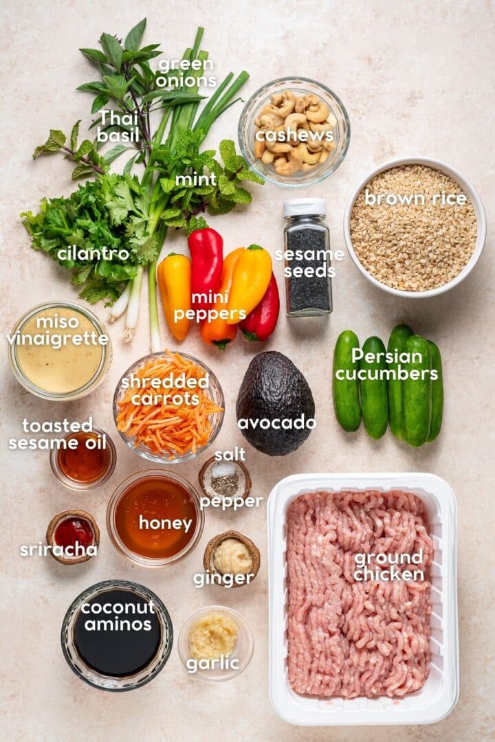 Ingredients for power bowls including brown rice, ground chicken, fresh herbs, cucumbers, avocado, carrots, cashews, miso vinaigrette and sauce ingredients.