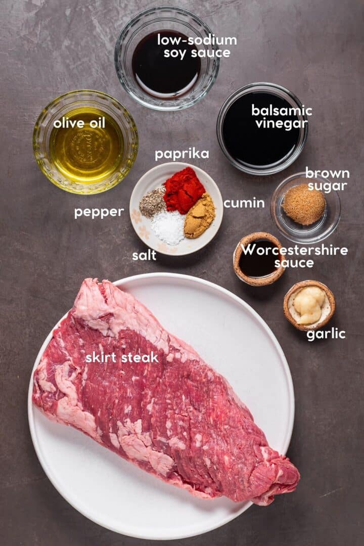 Ingredients for recipe including balsamic vinegar, olive oil, soy sauce, Worcestershire, garlic, brown sugar and spices.