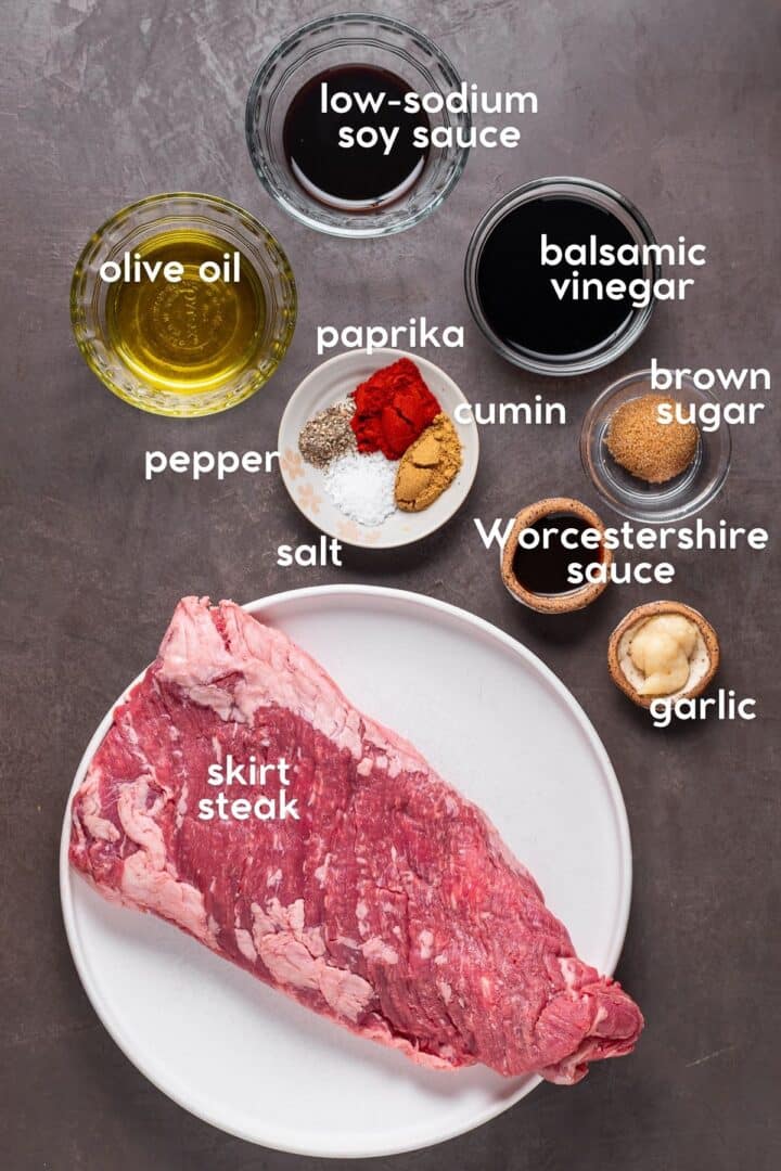 Ingredients for recipe including balsamic vinegar, olive oil, soy sauce, Worcestershire, garlic, brown sugar and spices.