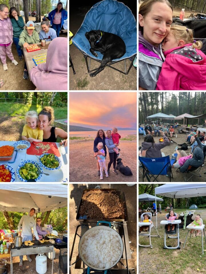 Collage of a family camping trip with campfire games, campsite meals, children, a black dog, outdoor cooking and a lakeside sunset