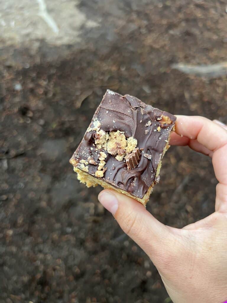 a single square of Erica's ultimate chocolate peanut butter rice krispie treats