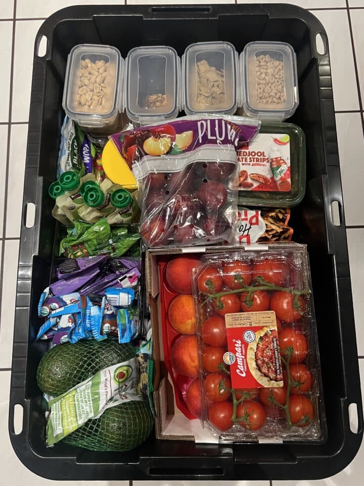 fresh produce, snacks, and measured ingredients in airtight containers laying in a bin