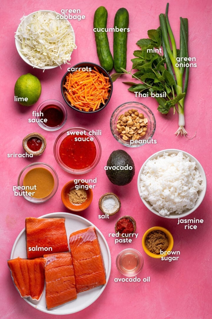 Ingredients for crispy rice bowls with salmon, peanut butter, red curry paste, fish sauce, sweet chili sauce and cooked jasmine rice