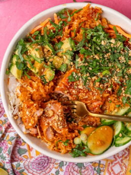Close-up of crispy rice and salmon with peanut sauce, avocado, cucumber, herbs and crushed peanuts
