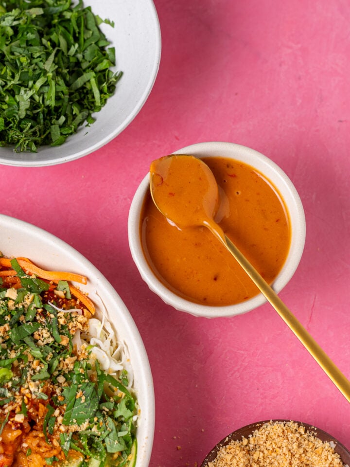 Sweet chili peanut sauce for salmon made with peanut butter, lime and fish sauce