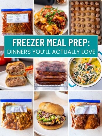 Freezer meal prep with make-ahead dinners including taco soup, lasagna, meatballs, chicken burgers, curry and Korean shredded beef