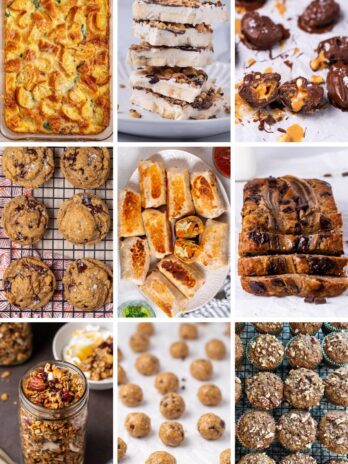 Collage of freezer-friendly postpartum meal prep recipes including breakfast casserole, cottage cheese bark, date snickers, lactation cookies, breakfast burritos, banana bread, granola, oatmeal balls and muffins.