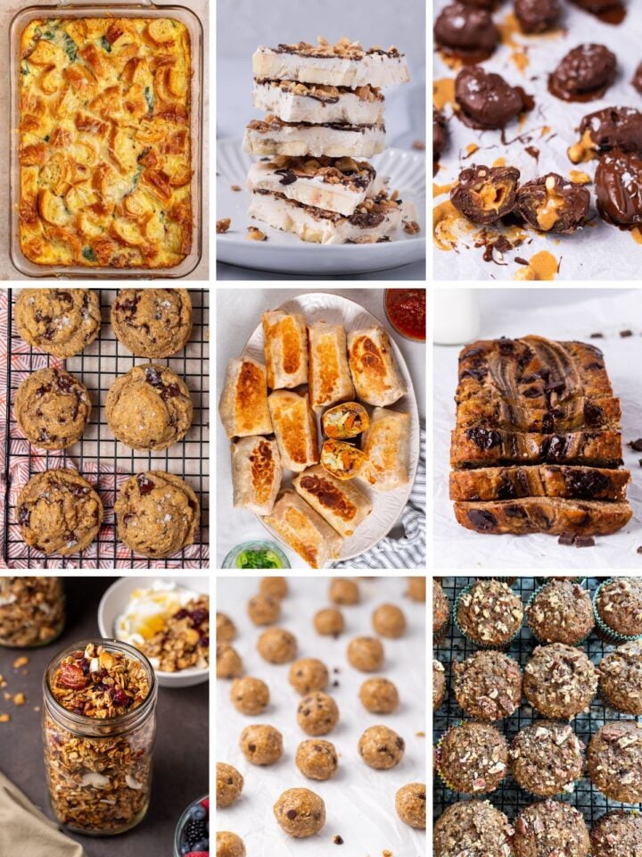Freezer-friendly postpartum meal prep ideas including breakfast casserole, cottage cheese bark, date snickers, cookies, breakfast burritos, banana bread, granola, snack bites and muffins.