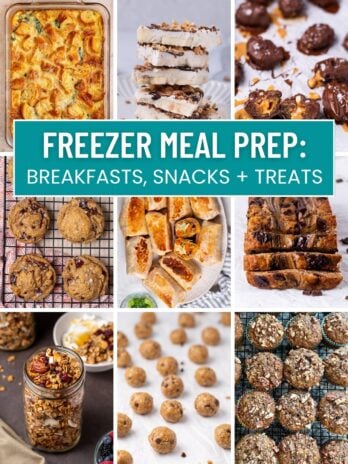 Freezer-friendly postpartum meal prep ideas including breakfast casserole, cottage cheese bark, date snickers, cookies, breakfast burritos, banana bread, granola, snack bites and muffins.