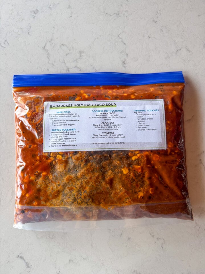 5-ingredient taco soup freezer meal prep in a labeled Ziploc bag