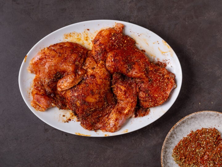 Chicken thighs coated on both sides with the cumin, smoked paprika, oregano and brown sugar seasoning mixture.