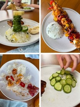 collage of four images showing how to serve pineapple skewers to little kids